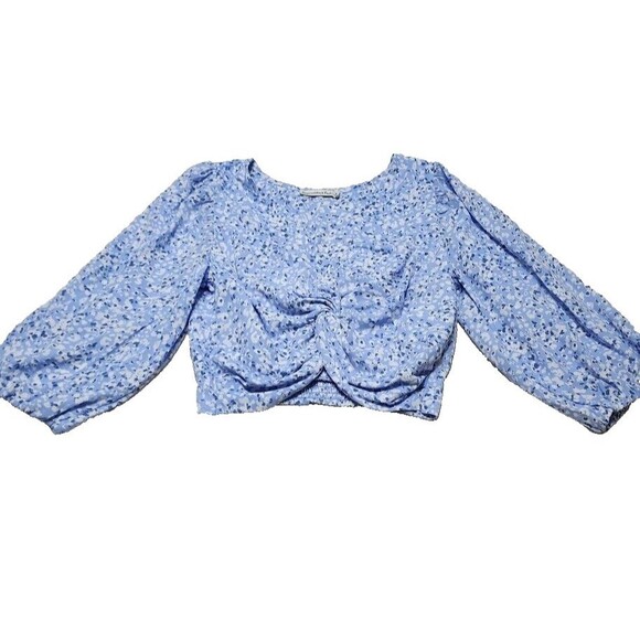 Abercrombie & Fitch Tops - Abercrombie and Fitch Sz Medium Knot Front Puff Sleeve Top Blue Cropped Elastic
